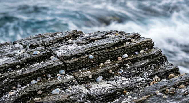 Close up of small sea shells and barnacles attached to wet dark rock with blurred ocean waves in background.