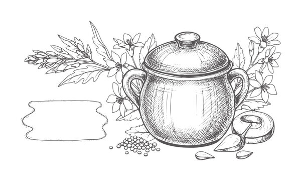 Hand drawn of a lidded pot with mustard seeds and flowers ceramic