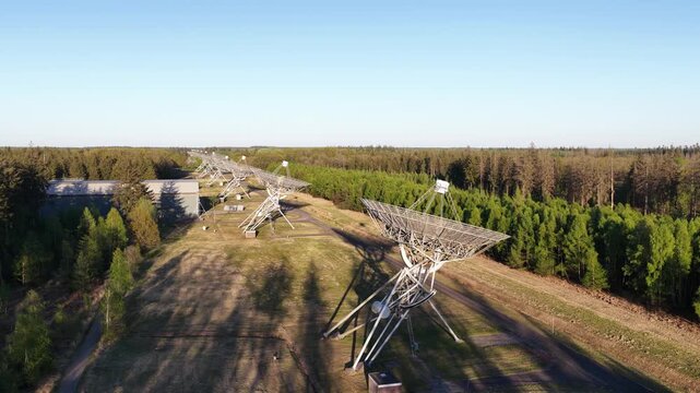 Aerial view of radio telescope array searching for signals