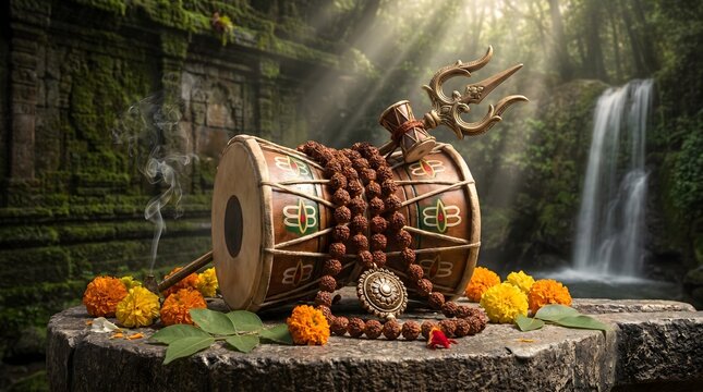 Trishula and rudraksha beads are placed on a stone altar near a serene waterfall to symbolize traditional spiritual devotion and peace.