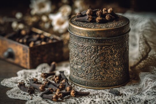 Whole clove buds in vintage tin with ornate lid