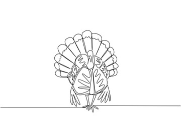 Minimal one line drawing of a wild turkey bird walking on farm soil. This elegant animal concept is an absolutely fantastic option for National Turkey Lovers Day coloring pages and farm art prints. © Simple Line