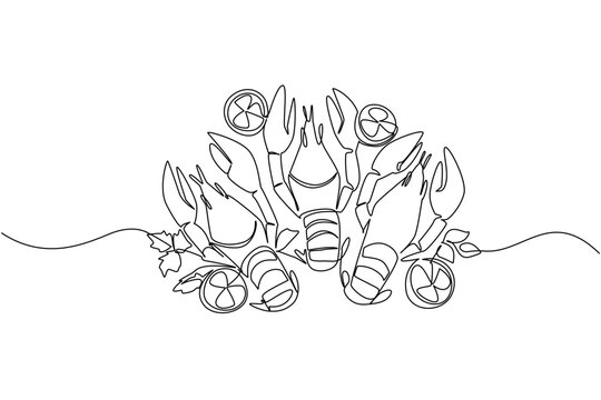 Continuous line drawing features three lobsters arranged beautifully with lemon and celery. Ocean concept works wonderfully for National Lobster Day flyer designs, seafood festival posters, and menu