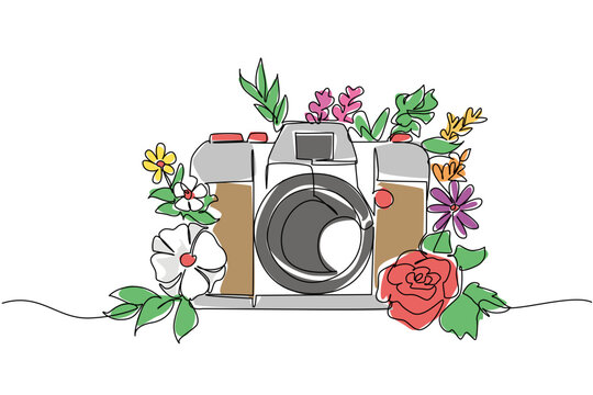Tinted continuous line drawing of a camera surrounded by beautiful blooming flowers. This nature concept is an absolutely perfect fit for Nature Photography Day greeting cards design.