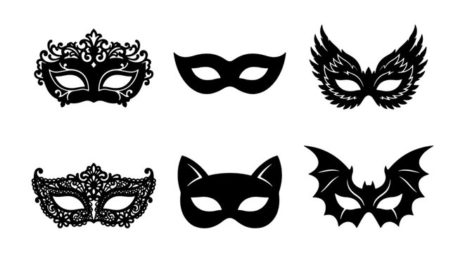 a set of six black and white vector masks featuring intricate designs such as cat ears bat wings and masquerade themes