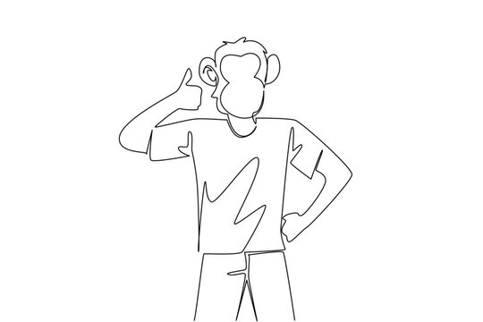 Simple single line drawing of a handsome young man with a funny monkey head mask doing a thumbs up sign. This positive animal concept is absolutely perfect for Monkey Around Day advertising flyers.