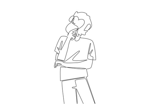 Attractive one line drawing of a young man with an animal monkey head mask standing and thinking. This smart idea concept works beautifully for Monkey Around Day blog graphics and posters.