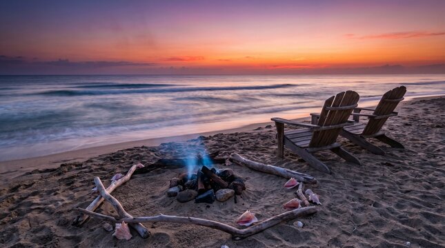 Campfire remains and two chairs on a Caribbean beach at dusk
