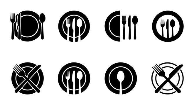 set of black and white dining utensil silhouettes on circular plates