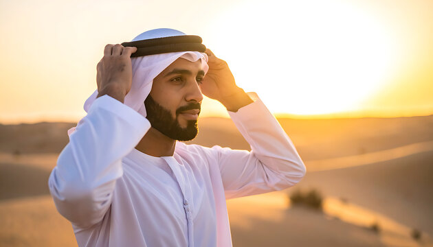 Man in traditional white thawb and ghutra adjusting headwear in desert landscape at sunset, warm golden hour light