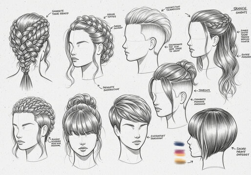 A comprehensive illustration showcasing various hairstyles and haircuts for both men and women with detailed annotations