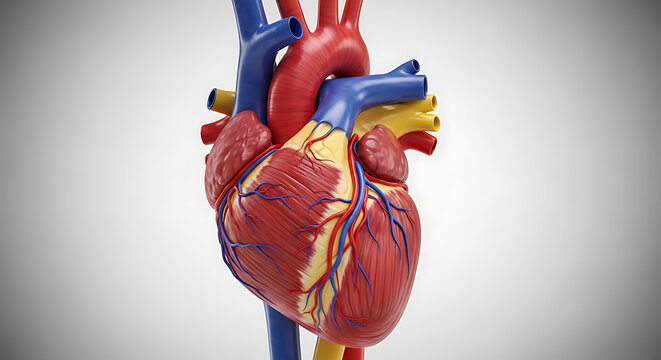 Anatomically Detailed 3D Human Heart Model Showing Veins and Arteries on Neutral Background