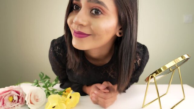 Close up of happy beautiful young Indian woman look at camera blinking eyes with cheerful face expression.