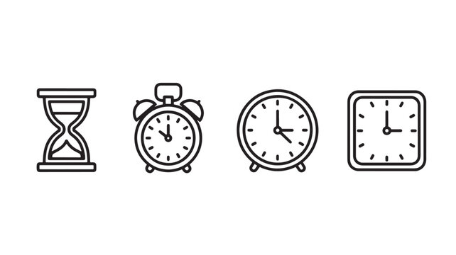 Clock icon, hourglass and alarm clock silhouette set showing time management and punctuality concept