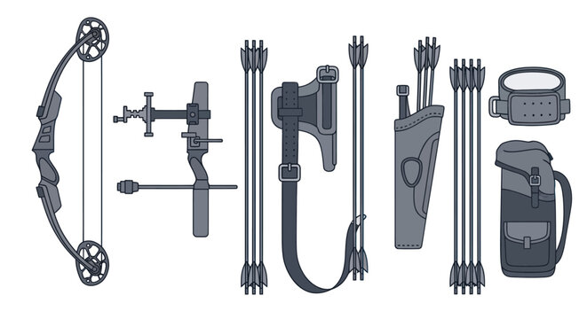 Collection of archery equipment and accessories for sport and hunting.