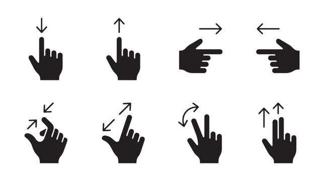 Hand silhouette icon set with directional arrows showing up, down, left, right and multiple swipe movements