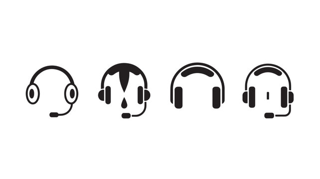 Headphones customer support icon set with black silhouette style and headset mic for call center service illustration