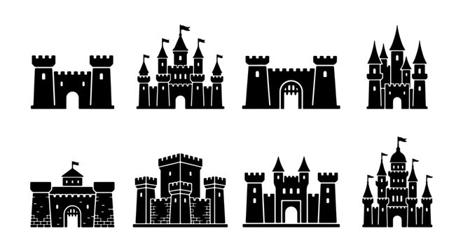 Medieval Castle Silhouettes, Fantasy Fortress Icons, Royal Architecture Vector Set, Fairytale Landmark Graphics