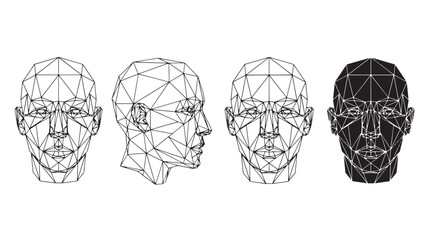 Face silhouette polygonal mesh icon set with geometric wireframe lines for futuristic cyber identity design © MissBeauty