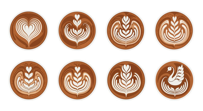 Collection of beautiful latte art on coffee cups.