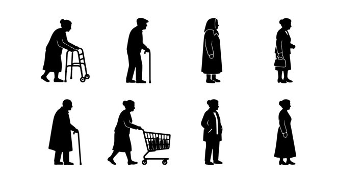 a set of eight black and white vector icons depicting elderly individuals in various activities such as walking with a