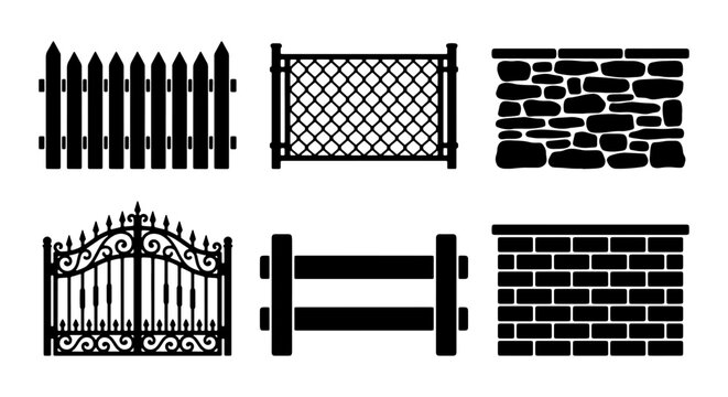 set of vector silhouettes featuring various fence designs including picket lattice wrought iron gate wooden railings