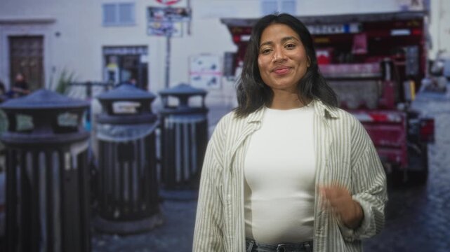Woman in striped overshirt and white top tucking hair and beckoning with finger on a cobblestone street; playful confidence.