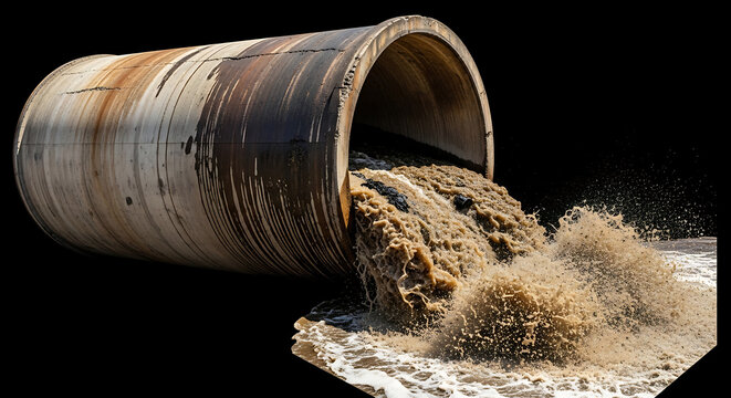 Industrial wastewater discharge from concrete pipe isolated on black background