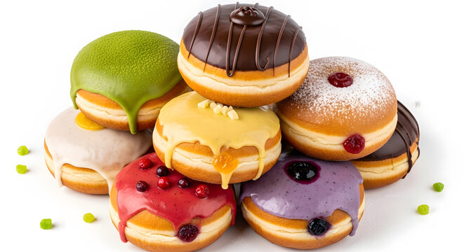 Heap of paczki donuts, donut based delicacy from Poland in various colors and flavors against white background