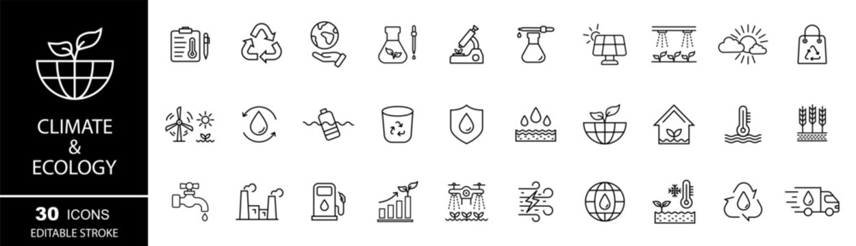 Energy and ecology icons set. Climate and ecosystem icons. Editable icons.
