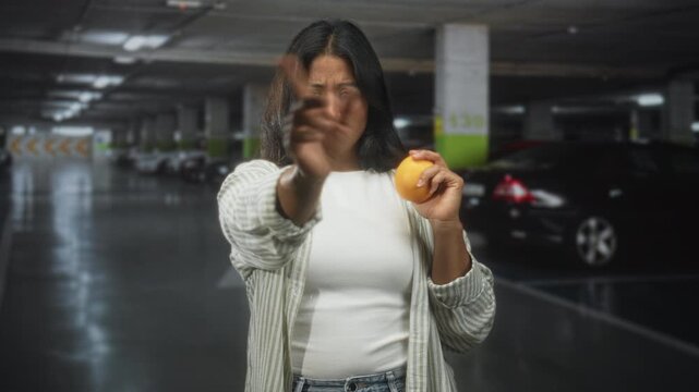 Woman holding orange with palm outstretched in stop gesture inside building; caution protection boundary.