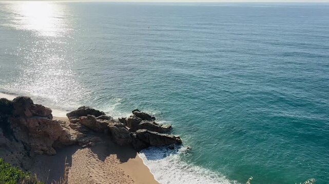 Stunning Rocky Coast with Crystal Clear Turquoise Sea and Sandy Beach from Above, Mediterranean Video
