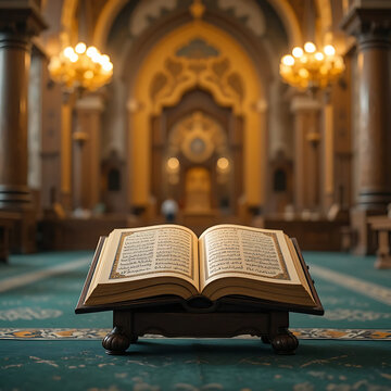 Islamic mosque interior with holy Quran on stand spiritual scene