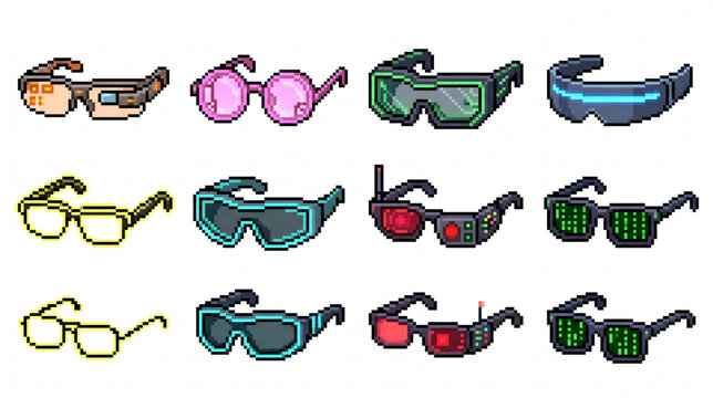 Futuristic Glasses Pixel Art Collection with Cyberpunk Visors, Smart Eyewear and Sci-Fi Goggles