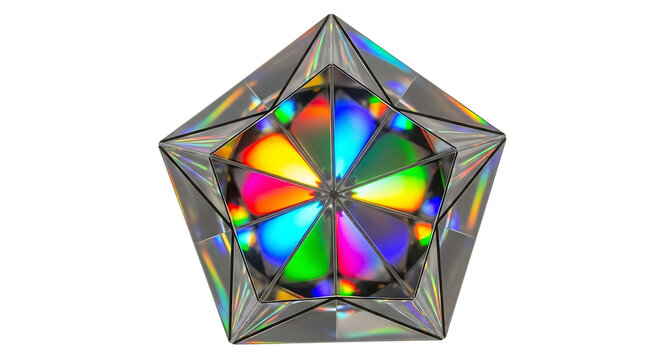 Abstract Pentagonal Glass Prism with Vibrant Rainbow Color Reflections on White Background