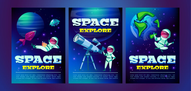 Space exploration vector posters set with astronaut floating near distant planet. Rocket flying in solar system as cosmic adventure unfolds for kids astronomy brochure with galaxy and star elements.
