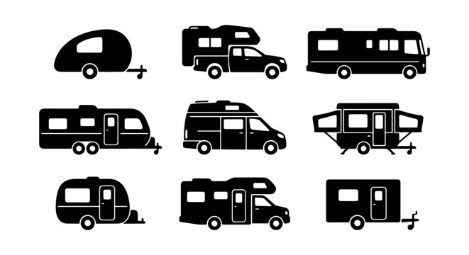 black and white camper van silhouettes on transparent background