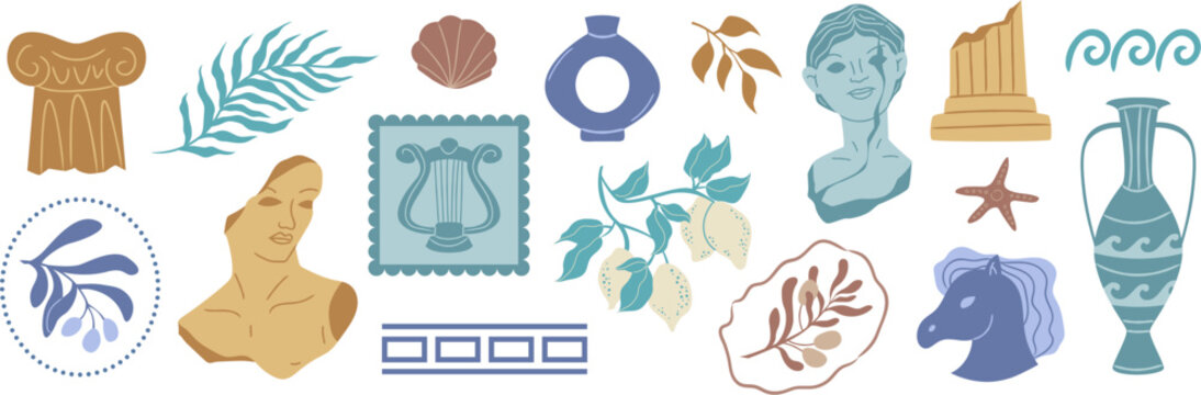 Greek stamp collection with ancient Mediterranean elements - vintage column, mythology vase and olive branch. Doodle amphora designs, sculpture symbols and decorative frames for summer postcard art.