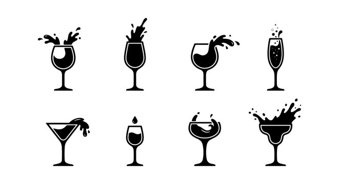 Set of 8 Splashing Cocktail Glasses, Bar Drinks Icons, Alcohol Beverage Vector Collection, Party Refreshment Symbols