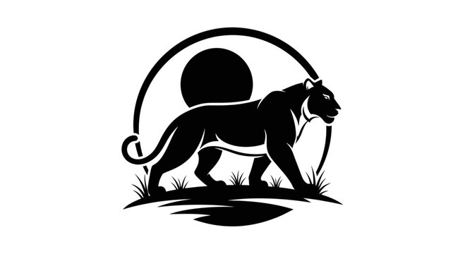 Black panther silhouette walking through grass in front of circle sun vector illustration design