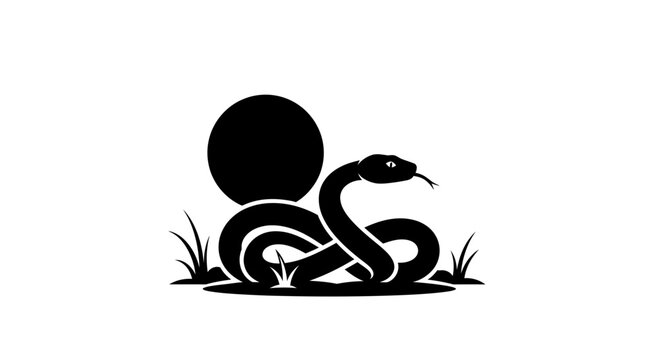 Black snake silhouette coiling in grass under moon wilderness outdoors minimalist vector graphic design