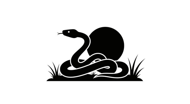 Black snake silhouette slithering in grass under sun professional vector icon on white background