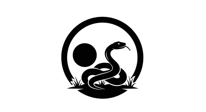 Black snake silhouette flicking tongue inside circular frame with sun and grass vector illustration
