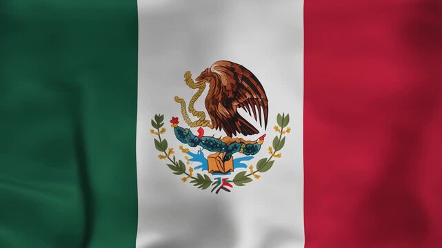 Mexican flag with green, white, red stripes, central eagle on cactus holding serpent, national coat of arms symbolizing heritage and identity.