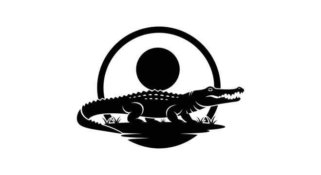 Crocodile Alligator Silhouette Prowling In Front Of Circular Sun Grassland Black Vector Graphic Illustration
