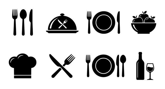 set of black silhouettes representing various dining items on white background