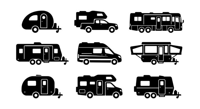 black silhouettes of various campers and caravans on white background