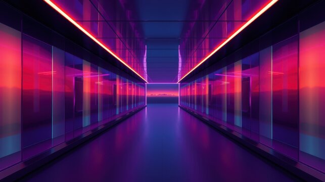 Long corridor features vibrant neon lights, creating futuristic, symmetrical perspective. Dark surroundings emphasize glowing pinks, blues.