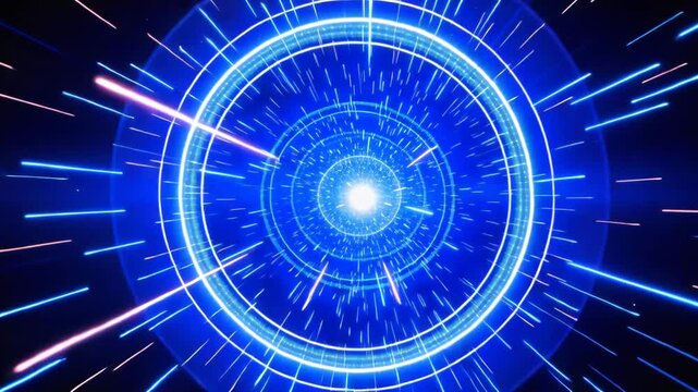 Luminous blue light streaks past during high speed travel through a circular energy conduit