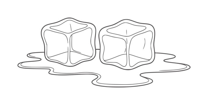Two melting ice cubes with water puddle outline